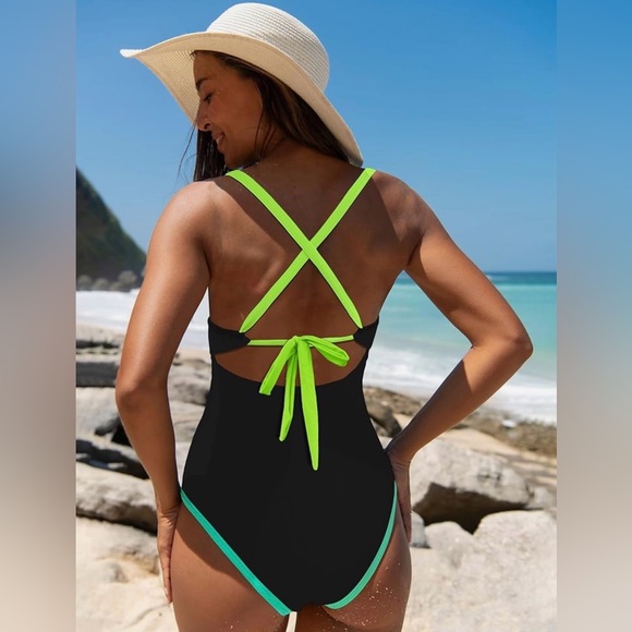 Popvil One Piece Swimsuit Tummy Control Cutout Black Neon Color Block Adj L NWT - Picture 3 of 8